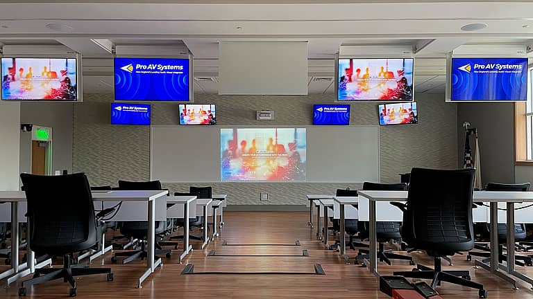 photo of training room with A/V equipment for blog titles "what does audio visual mean?"