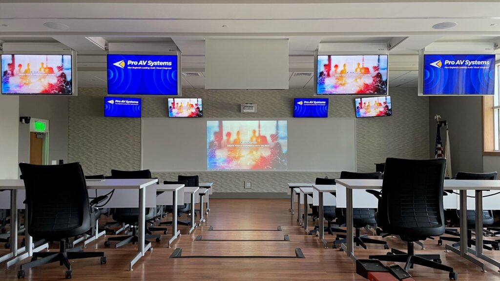 photo of training room with A/V equipment for blog titles "what does audio visual mean?"